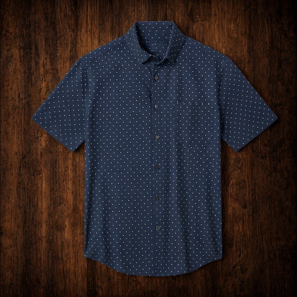 Mizzen+Main Leeward Short Sleeve Shirt Men’s M Trim Fit Blue Polka Dot Stretch