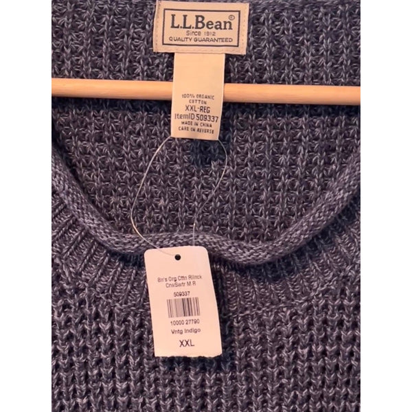 L.L. Bean Organic Cotton Fisherman Sweater 2XL Blue Roll Neck Waffle Knit NWT