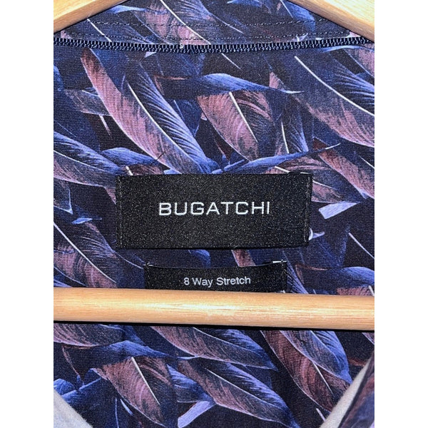 Bugatchi OoohCotton Tech Shirt L Feather Print 8-Way Stretch Button Up EUC