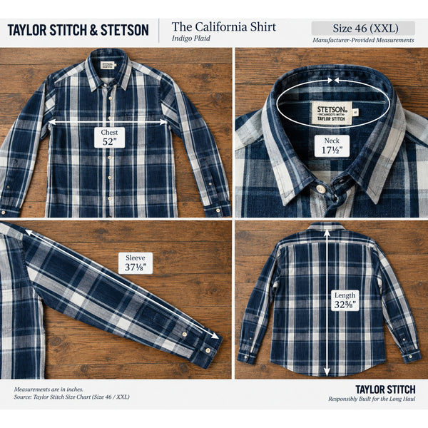 Taylor Stitch x Stetson California Shirt Sz. 2XL 46 Indigo Plaid Organic Cotton