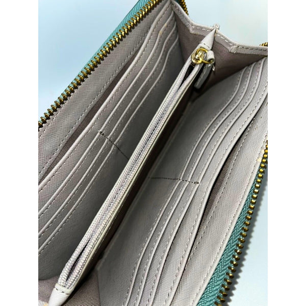 Fossil Zip Around Pebbled Leather Wallet Mint Green Gold Hardware Clutch