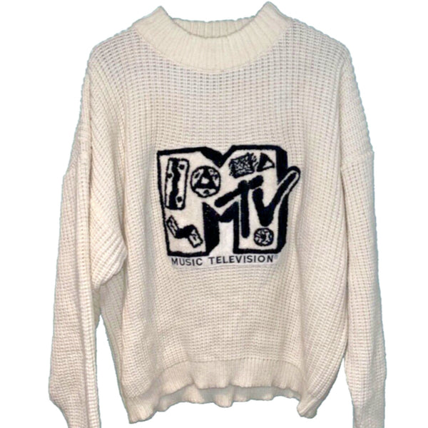 MTV Sweater Cable Knit 1989 Music Grunge Vintage White Sz. XL