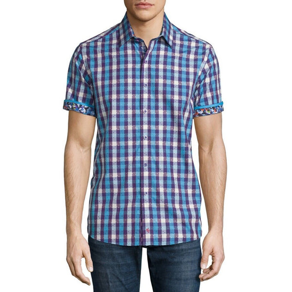 Robert Graham Griswold Check Short Sleeve Shirt Purple Pattern Men XL NWOT