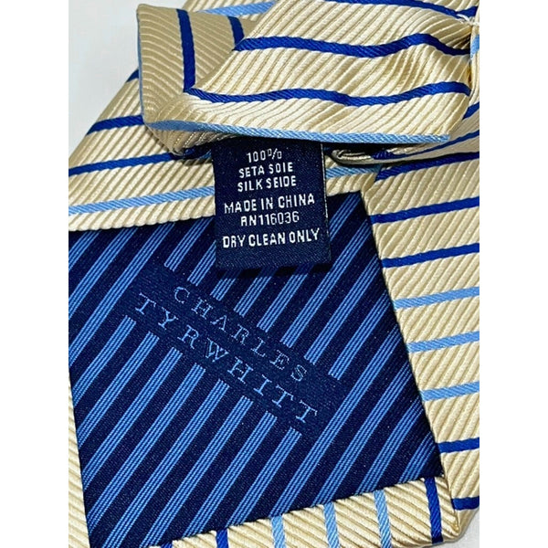 Charles Tyrwhitt Men’s 100% Silk Tie Beige Blue Striped Classic Necktie EUC