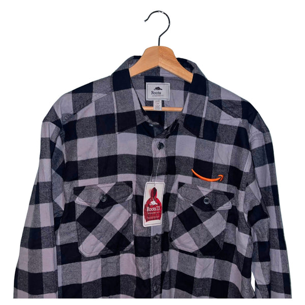 Roots 73 Spruce Lake Amazon Logo Plaid Flannel Shirt Men’s L Gray Black NWT