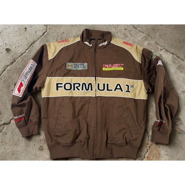 PacSun Formula 1 F1 Racing Bomber Jacket Brown Tan Full Zip Men’s Large