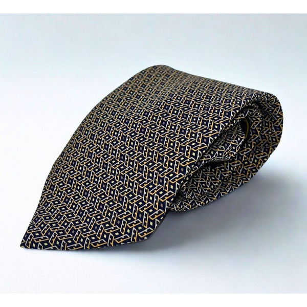 Fendi Cravatte Vintage Silk Tie Navy Gold All Over FF Logo Made in Italy EUC