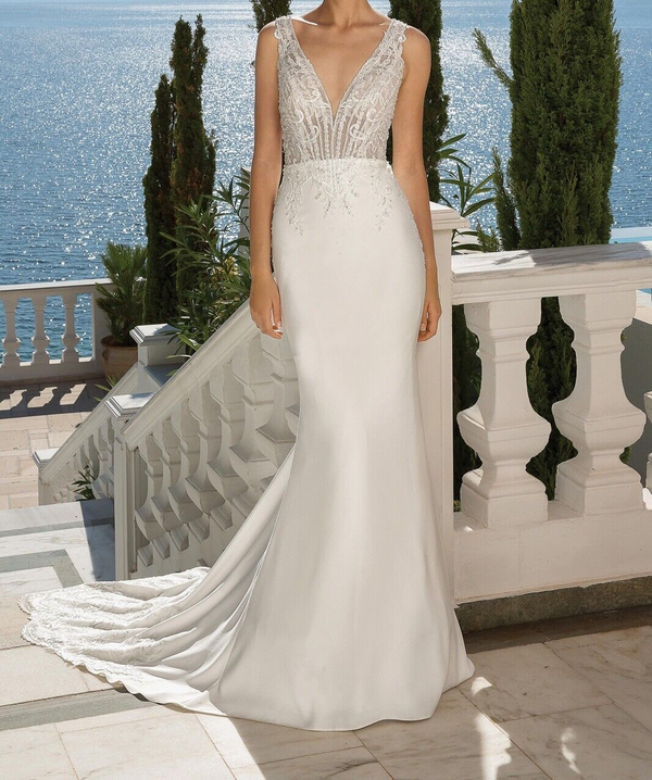 Justin Alexander 88097 Fit-and-Flare-Kleid aus Venedig-Spitze und Krepp, Gr. 12 (PROBE)