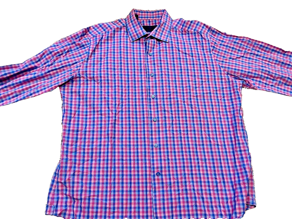 David Donahue Fusion Camisa de vestir de algodón a cuadros con ajuste de ajuste Berry para hombre 17,5 XL