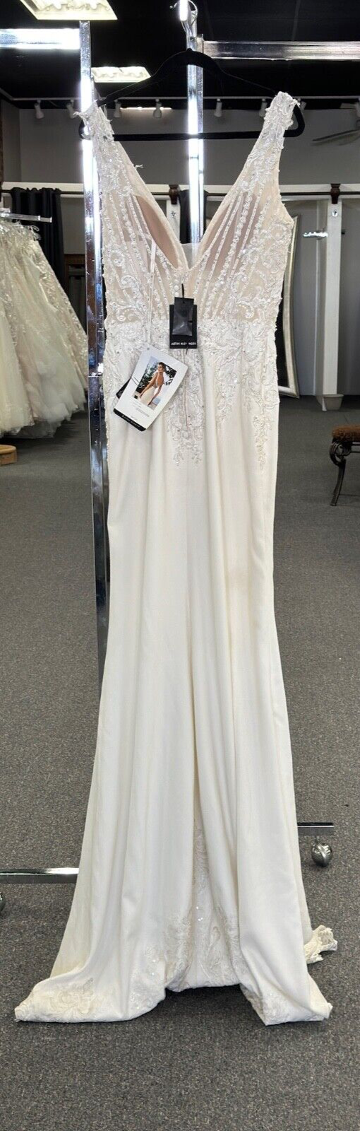 Justin Alexander 88097 Fit-and-Flare-Kleid aus Venedig-Spitze und Krepp, Gr. 12 (PROBE)