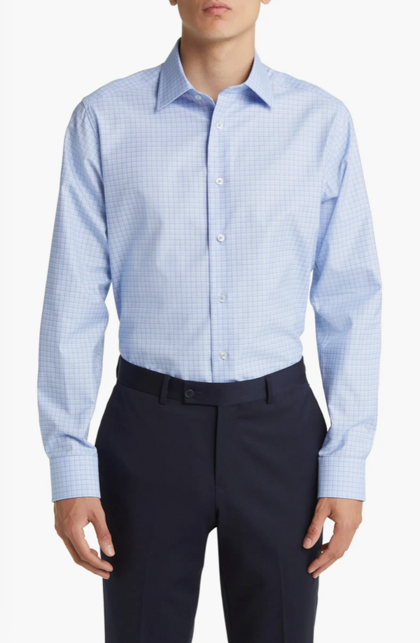 David Donahue Dobby Fine Check Dress Shirt Herren 15,5 34-35 Blau Langarm