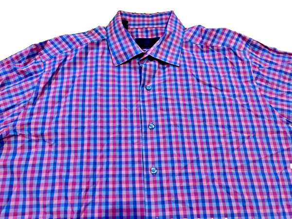 David Donahue Fusion Camisa de vestir de algodón a cuadros con ajuste de ajuste Berry para hombre 17,5 XL