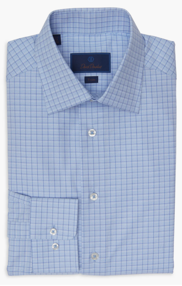 David Donahue Dobby Fine Check Dress Shirt Herren 15,5 34-35 Blau Langarm