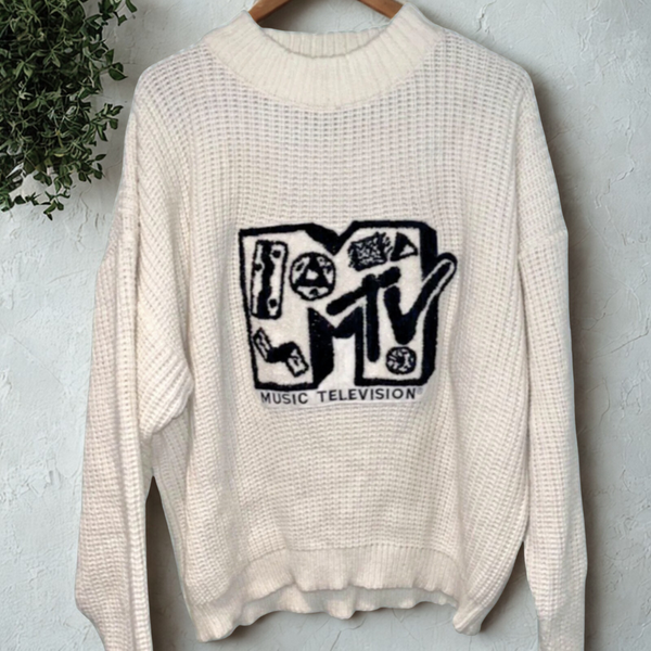 MTV Sweater Cable Knit 1989 Music Grunge Vintage White Sz. XL