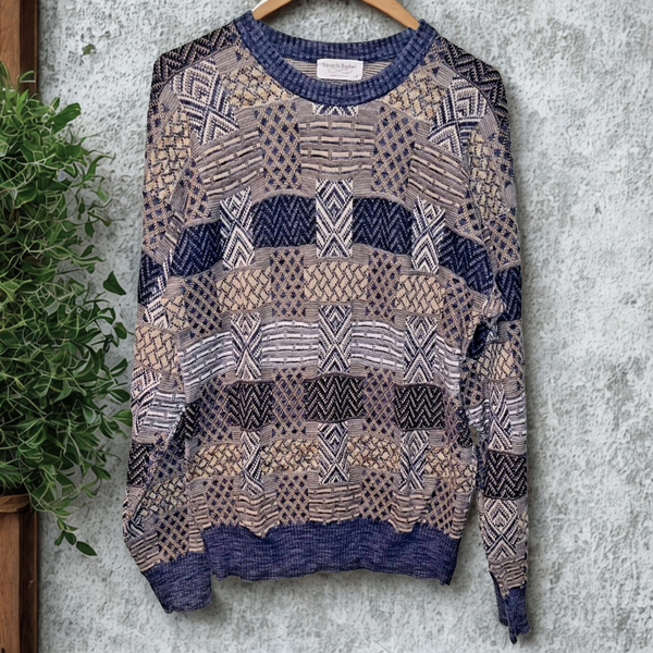 Tricots St Raphael Wild Coogi Styled Geometric Textured Knit Sweater L USA VTG