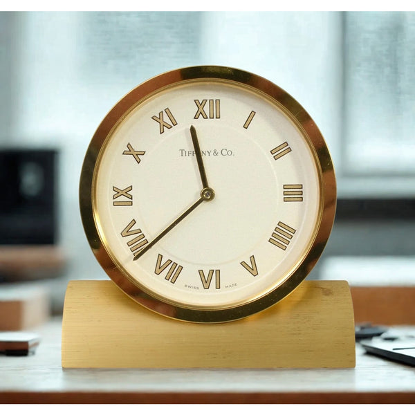 Tiffany & Co Swiss Quartz Brass Desk Clock Roman Numerals Gold Tone Switzerland