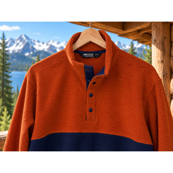 Outdoor Research Trail Mix Snap Pullover II Large Orange Navy Microgrid Fleece