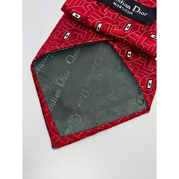 Christian Dior Monsieur Geometric Red Silk Tie Made in USA Fabric VTG