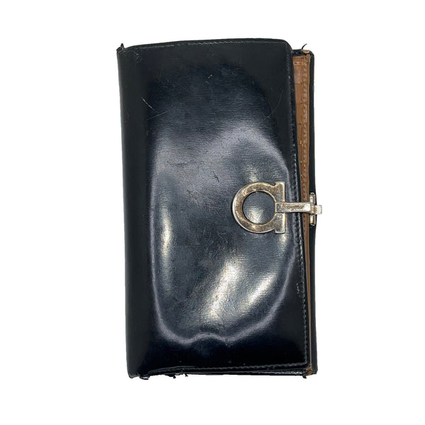 Salvatore Ferragamo Gancini Wallet Black Leather Silver Hardware Italy