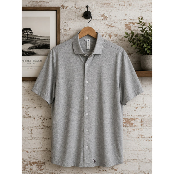 State & Liberty Athletic Fit Stretch Button Shirt Heather Gray Sz L Short Sleeve