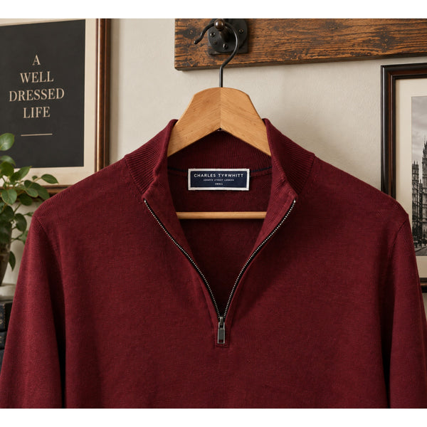 Charles Tyrwhitt Merino Wool 1/4 Zip Sweater Mens S Burgundy Extra Fine Pullover