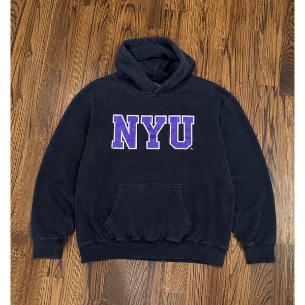 NYU Hoodie MV Sport Pro Weave Sunfaded Black Purple Spellout Size L Y2K