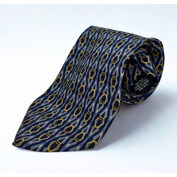 Paolo Gucci Vintage Equestrian Silk Tie Navy Blue Gold Geometric Made in Italy