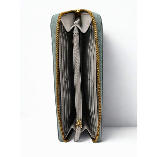 Fossil Zip Around Pebbled Leather Wallet Mint Green Gold Hardware Clutch