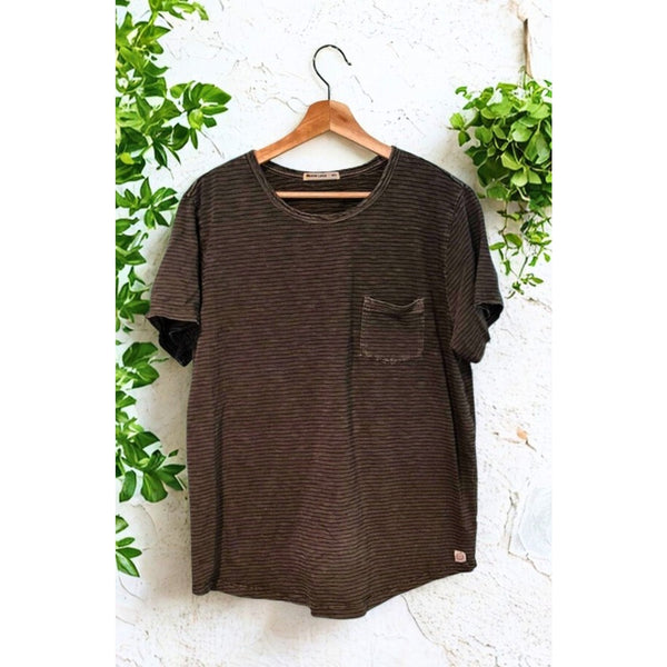 Marine Layer T-Shirt M/L Olive Green Navy Stripe Signature Pocket Style 15101