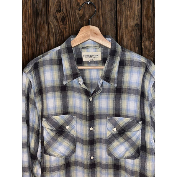 Polo Denim & Supply Ralph Lauren Western Pearl Snap Plaid Shirt Men’s XL EUC