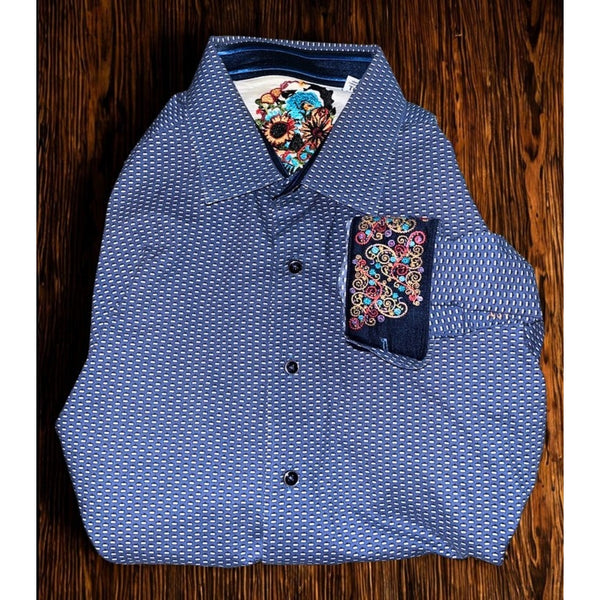 Robert Graham XL Classic Fit Blue Geometric Flip Cuff Button Shirt NWOT Luxury
