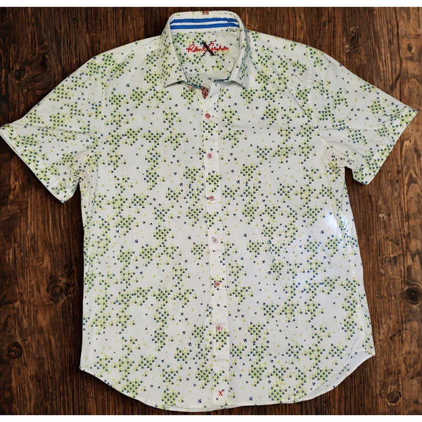 Robert Graham Bees Print Shirt 3XL White Blue Yellow Tailored Fit Short Sleeve