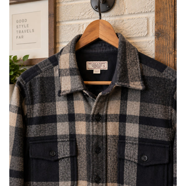 Wallace & Barnes Wool Blend Plaid CPO Shacket Shirt Jacket Mens Small Navy Gray