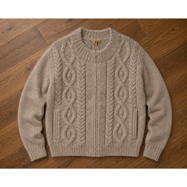 Anncraft Donegal Irish Wool Fisherman Sweater L Full Zip Cable Knit Vintage