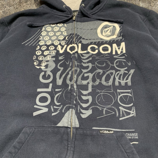 Volcom Hoodie Small Full Zip Navy Y2K Vintage Skate Surf Grunge Thermal Lined