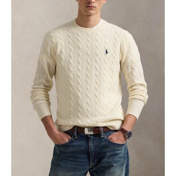 Polo Ralph Lauren Cable Knit Sweater Men's L Cream Wool Cashmere Pony