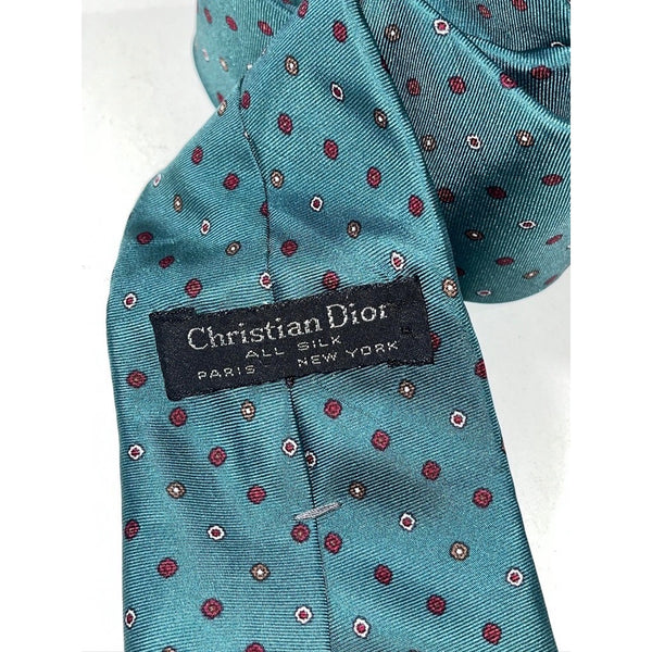 Christian Dior Geometric Dot Silk Tie Teal Burgundy Made in USA Paris New York