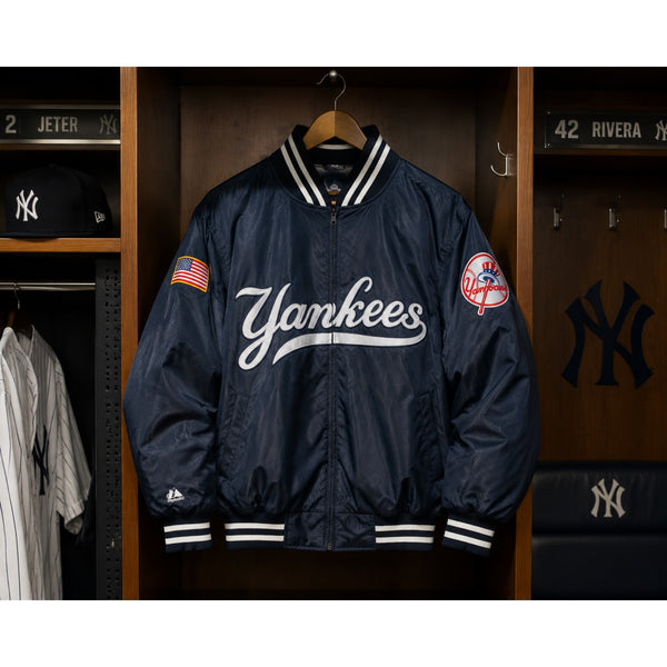 New York Yankees Majestic Authentic Dugout Jacket USA Flag Navy Sz S Vintage