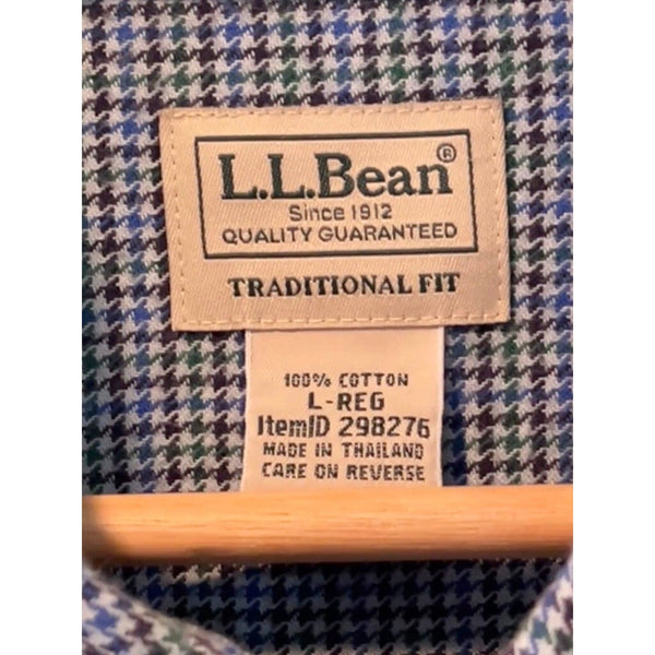 LL Bean Mens Large Multi Blue Houndstooth Check Flannel Button Down Shirt Pocket