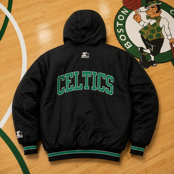 Boston Celtics Starter Hooded Parka Jacket Mens L Vintage 90s NBA Black Green
