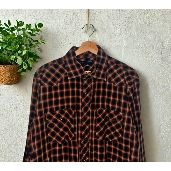 Banana Republic Western Pearl Snap Shirt XL Brown Plaid Vintage Cowboy L/S