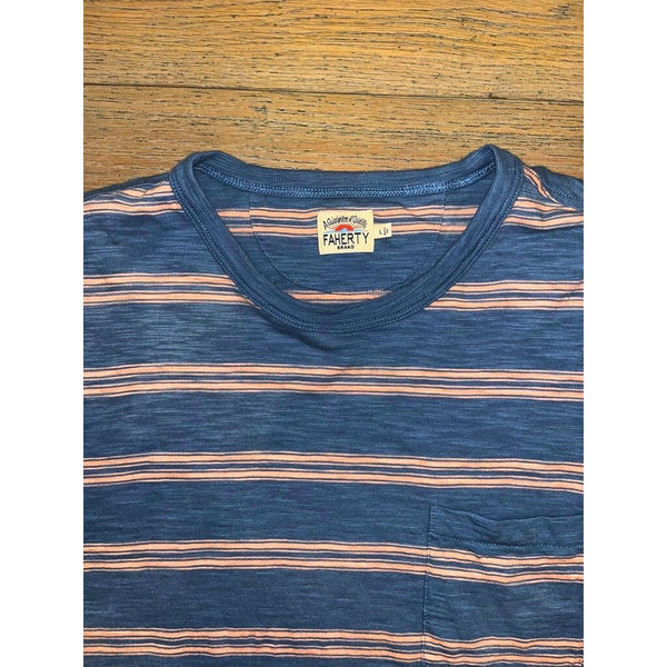 Faherty Brand Surfrider Stripe Tee Men’s Large Blue Pink Striped Pocket NWOT