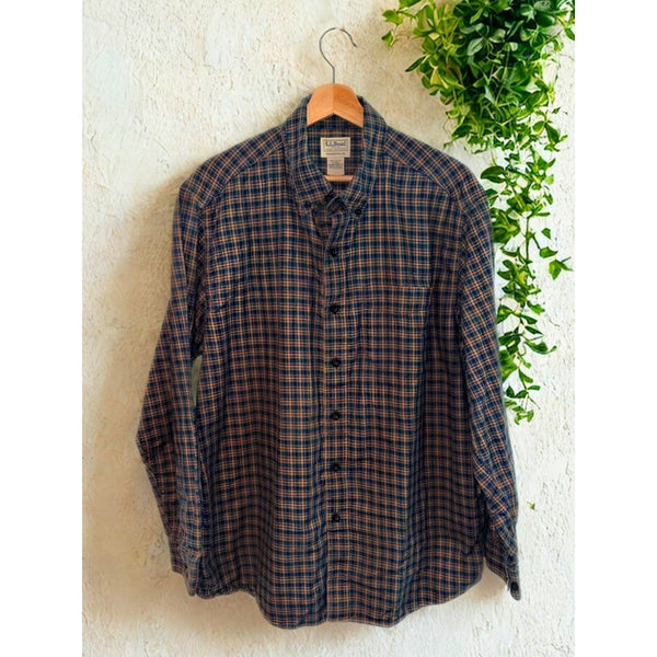 LL Bean Sz. Large Brown Orange Plaid Houndstooth Button Down Shirt L Traditional