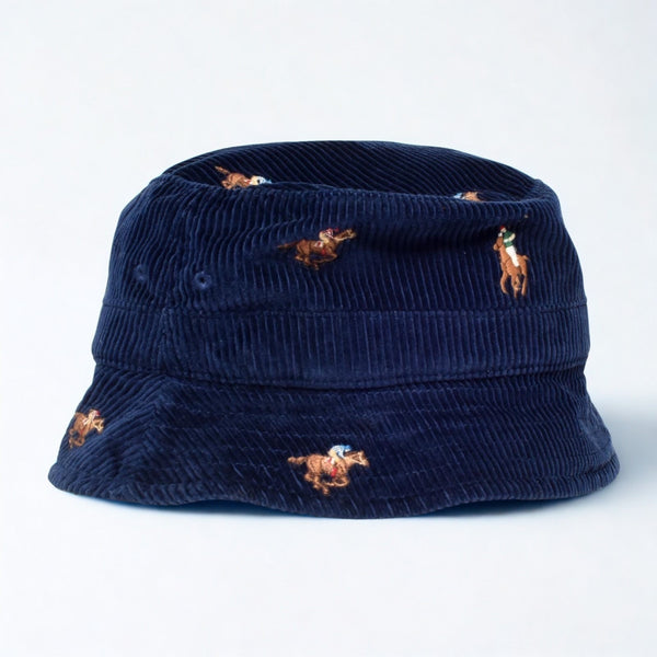 Polo Ralph Lauren Equestrian Corduroy Bucket Hat L/XL Navy Pony All Over NWOT
