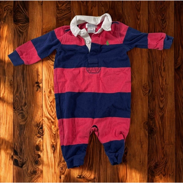 Ralph Lauren Baby Big Pony Rugby Stripe One Piece Romper 3M Long Sleeve