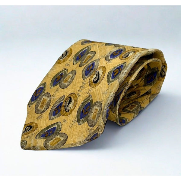 Brioni 100% Silk Tie Handmade Italy Gold Blue Abstract Luxury Designer Classic