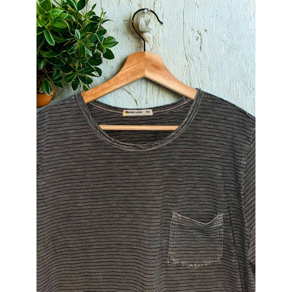 Marine Layer T-Shirt M/L Olive Green Navy Stripe Signature Pocket Style 15101