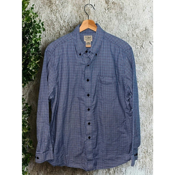 LL Bean Mens Large Blue Houndstooth Check Flannel Button Down Shirt Pocket