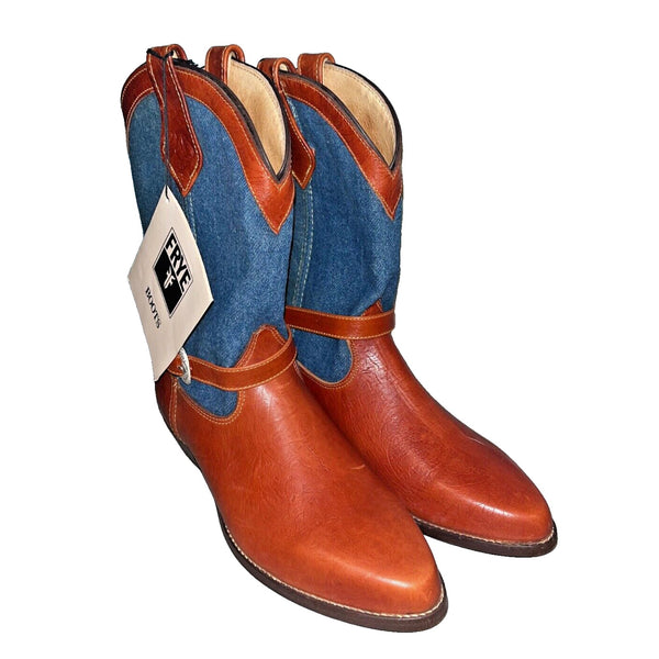 Frye Cowboy Boots Denim Brown Leather Silver Buckles Vintage Sz 8 RARE Deadstock