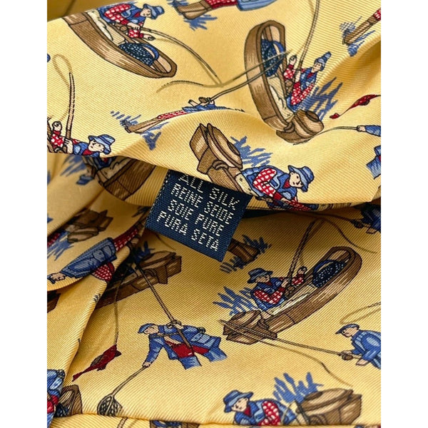 Burberry Silk Tie Fishing Fly Fisherman Scene Yellow Made In Italy Luxury